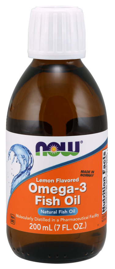 NOW Foods Omega-3 Fish Oil Liquid Lemon Flavour with EPA and DHA 200 mL bottle front view