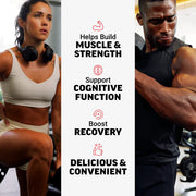 Two people in a gym setting with text about the benefits of a product.