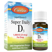 Front image: Carlson Super Daily D3 liquid vitamin D3 1000 IU drops 10.3 ml bottle & box