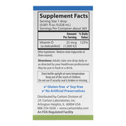 Supplement facts & ingredients image: Carlson Vitamin D3 1000 IU supplement facts liquid drops 10.3 ml