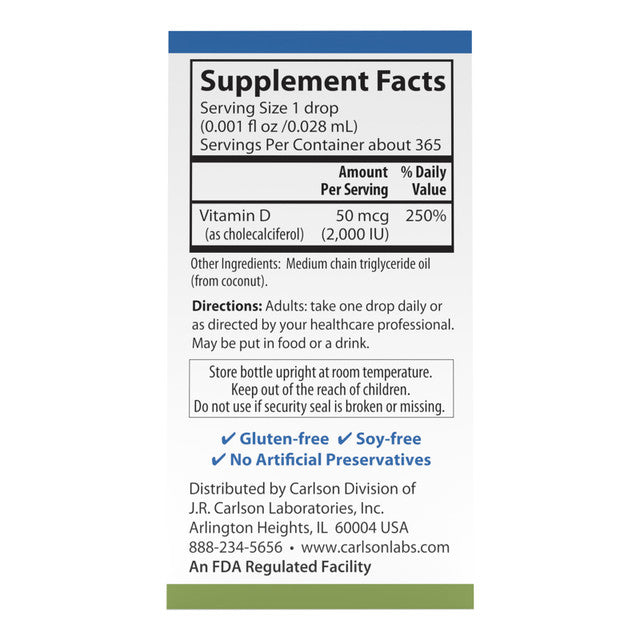 Supplement facts & ingredients image: Carlson Vitamin D3 2000 IU supplement facts liquid drops 10.3 ml