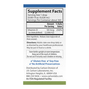 Supplement facts & ingredients image: Carlson Vitamin D3 2000 IU supplement facts liquid drops 10.3 ml