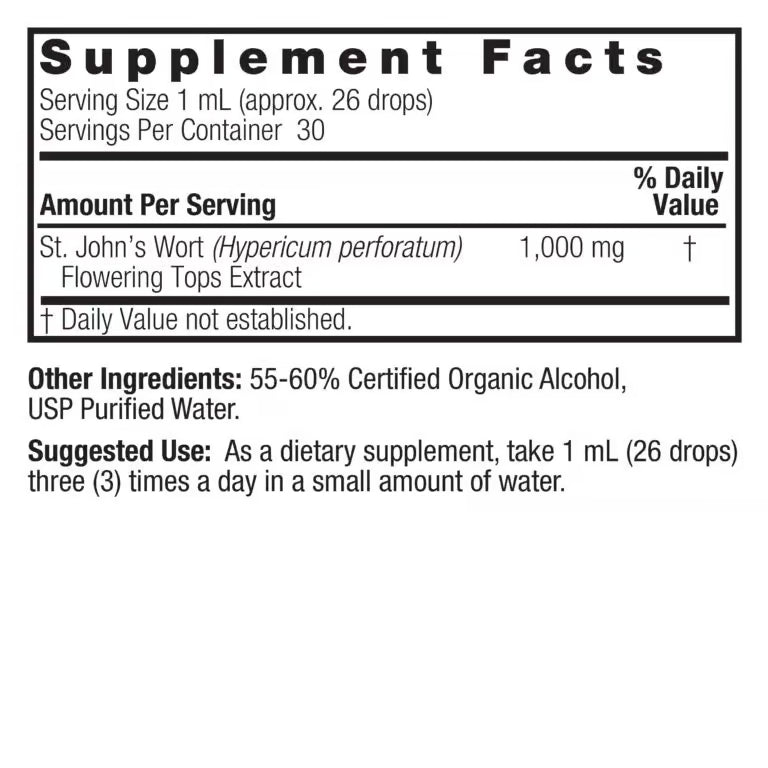 Nature’s Answer St. John’s Wort Liquid Extract 30ml supplement facts label on a white background