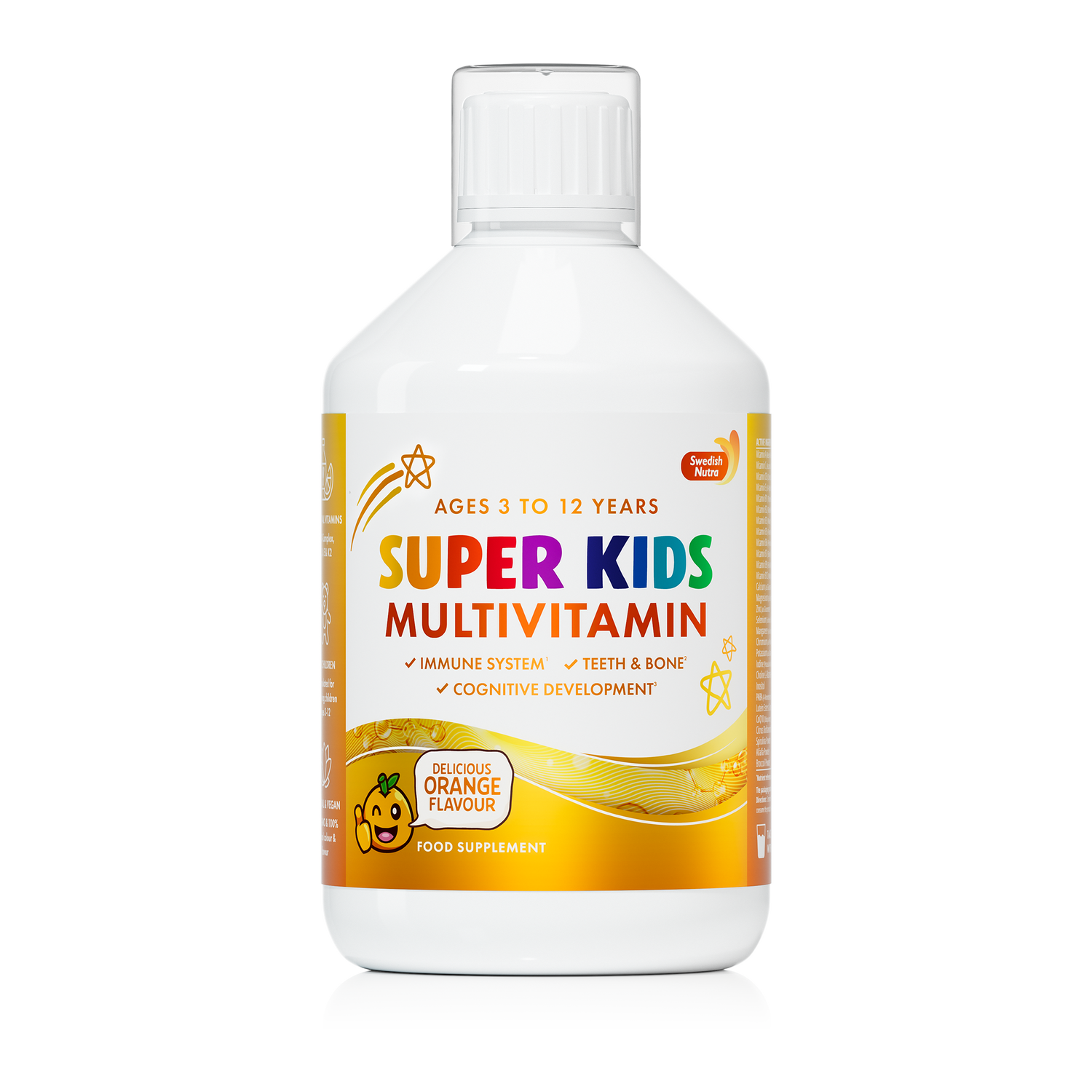 Front image: Swedish Nutra Super Kids multivitamin liquid orange flavour 500ml bottle