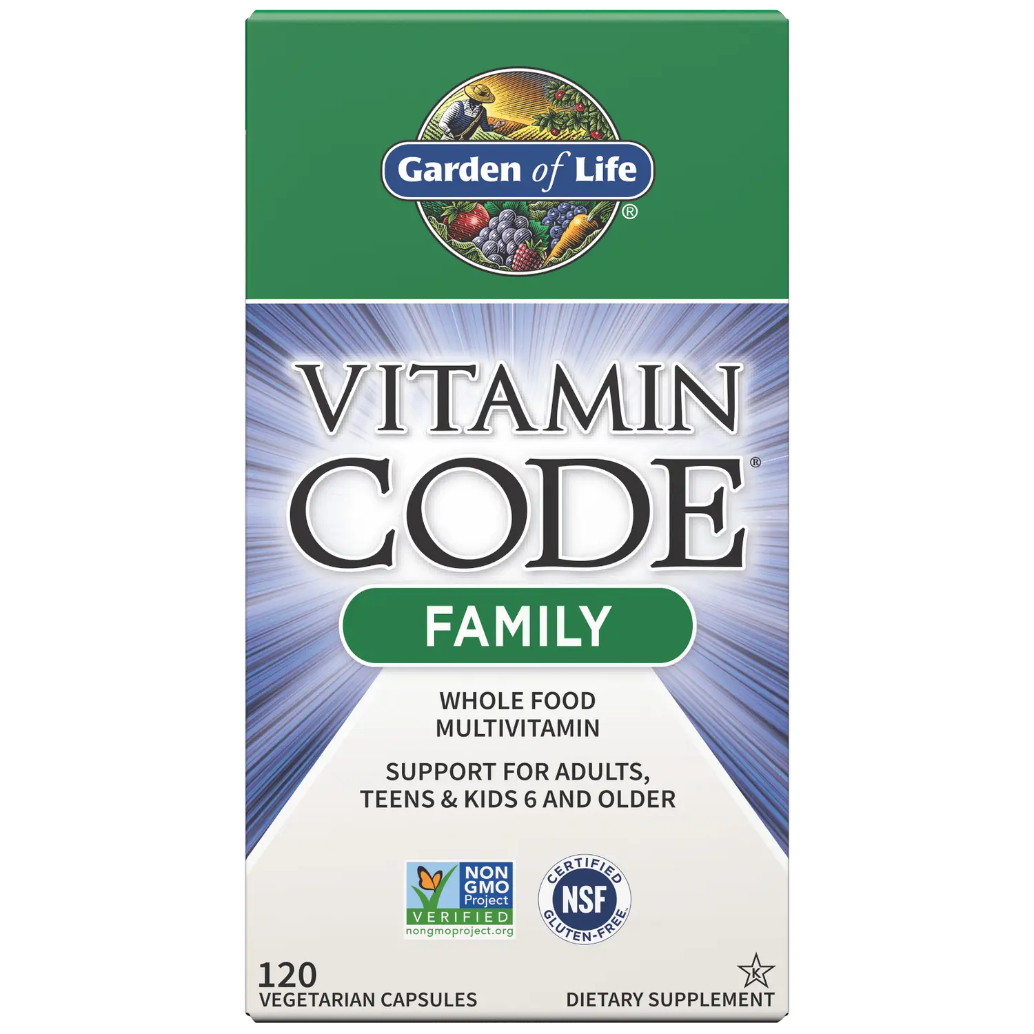 Garden of Life Vitamin Code Family Multi box with 120 vegetarian capsules.