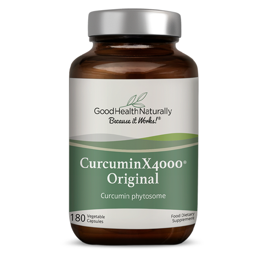 Front image: Good Health Naturally Curcumin X4000 Original veg capsules turmeric supplement 180 count bottle