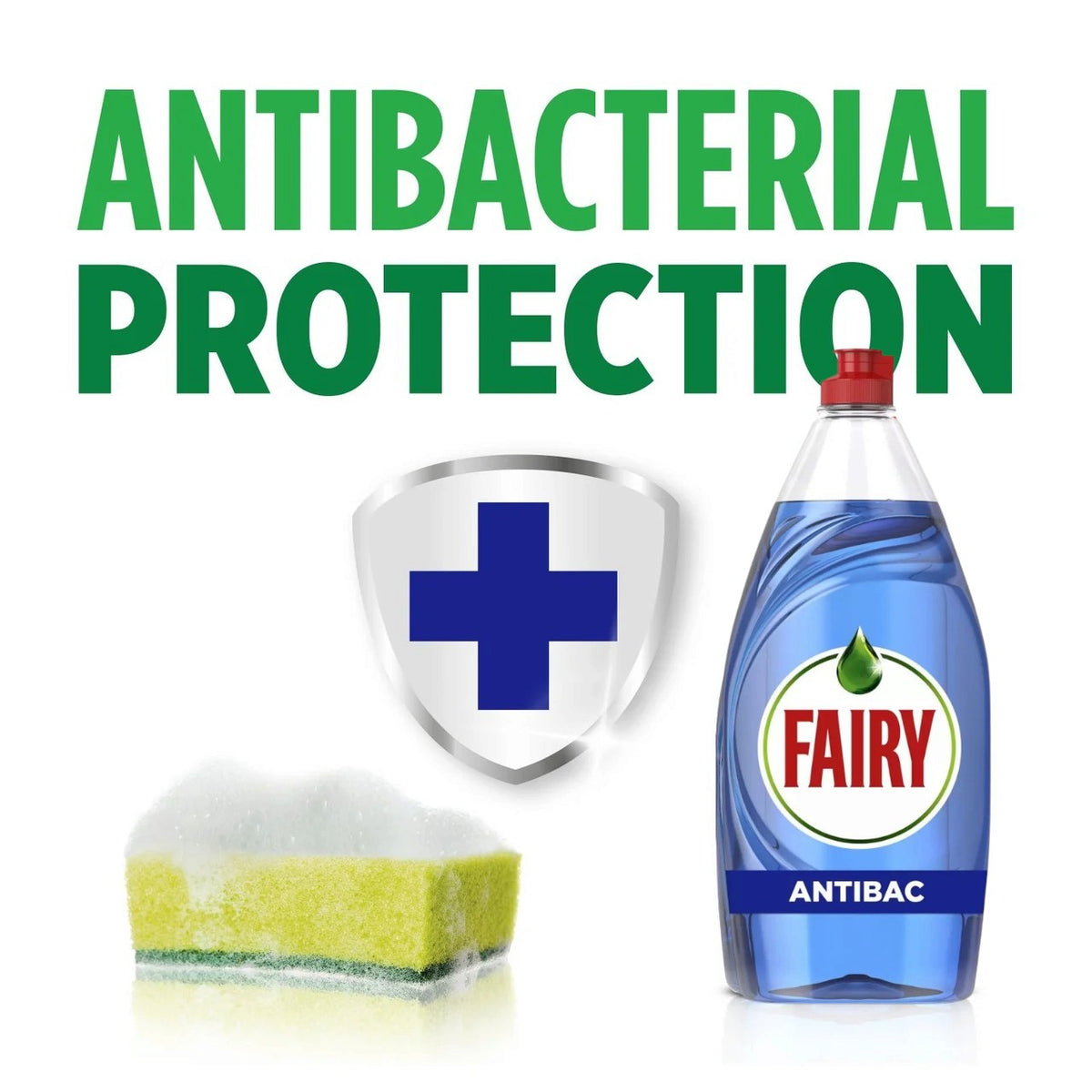 Fairy Antibacterial Eucalyptus Washing Up Liquid 900ml bottle showing product features