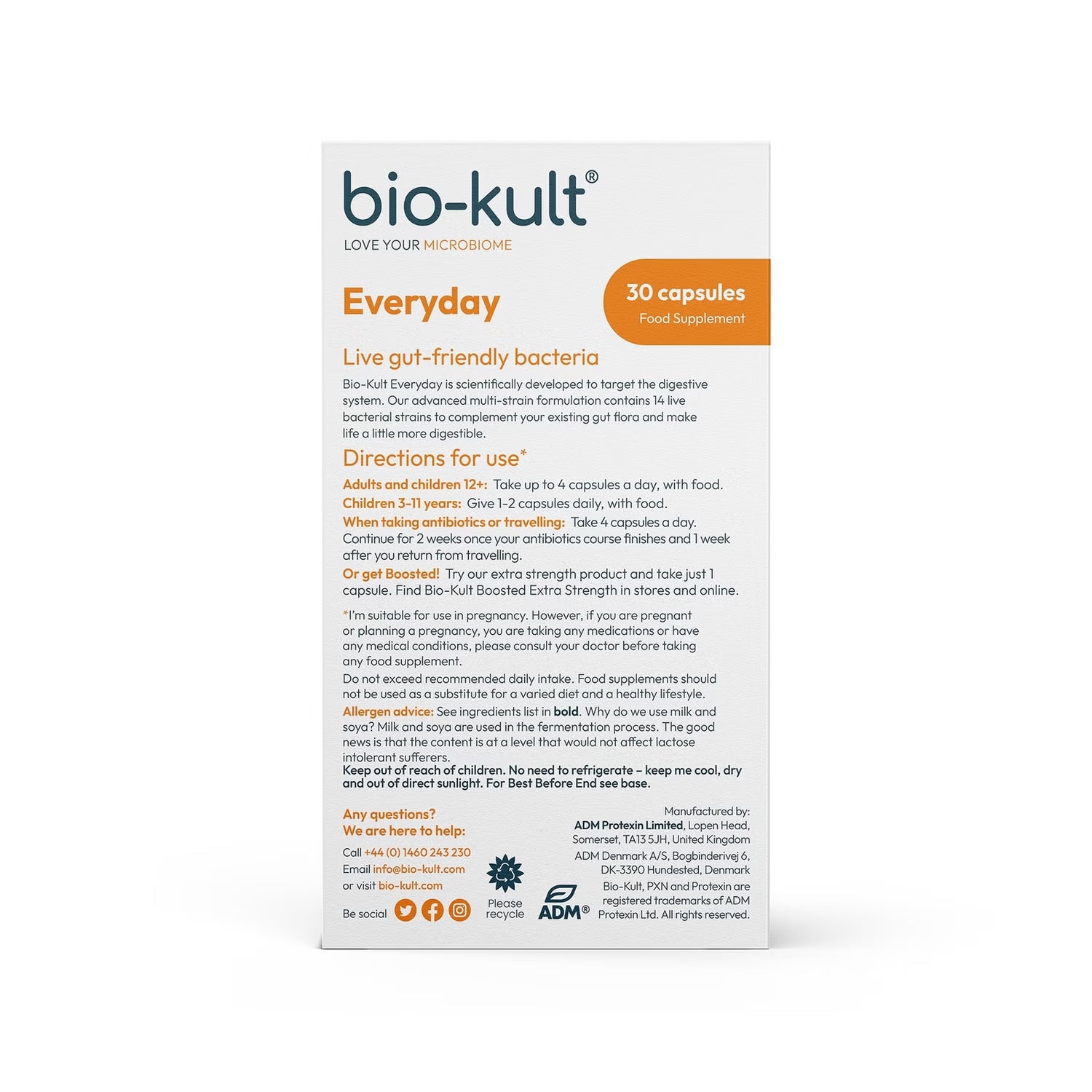 Bio-Kult Everyday supplement facts and ingredients label 30 capsules on white background