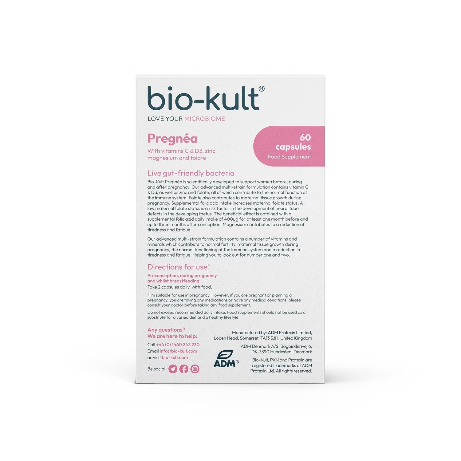 Bio-Kult Pregnéa supplement facts and ingredients label 60 capsules on white background