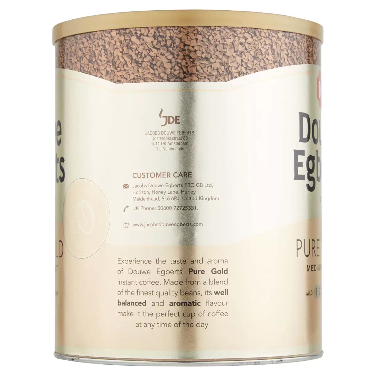 Supplement Facts & Ingredients Image: Douwe Egberts Pure Gold instant coffee granules ingredients label 750g tin