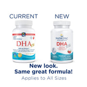 Nordic Naturals DHA Xtra Omega-3 Fish Oil bottle with strawberry-flavoured softgels, 60 count. Old & new packaging