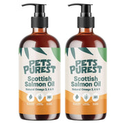 Pets Purest Scottish Salmon Oil food topper 2 x 300ml front packaging on white background