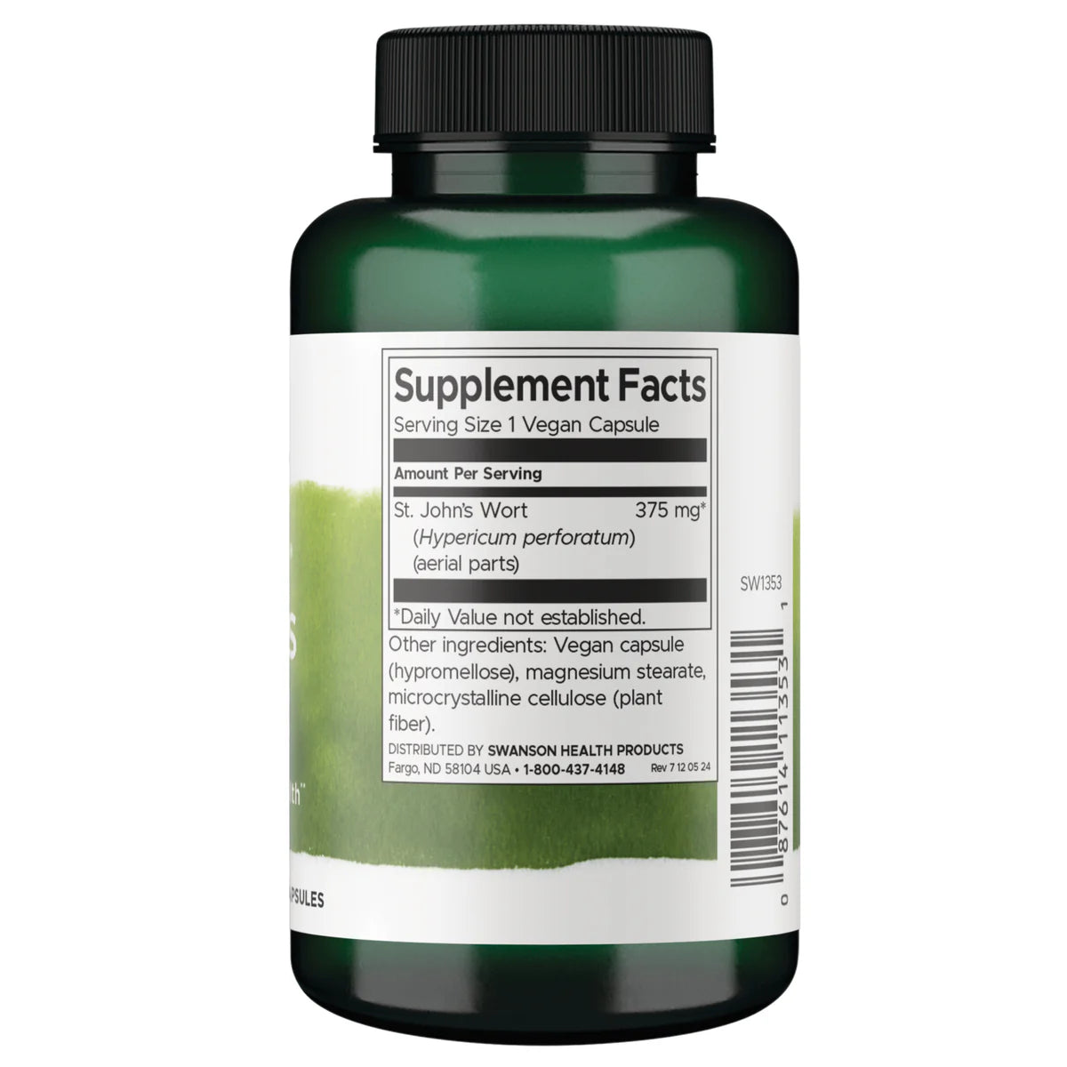 Swanson St. John's Wort Herb 375mg 120 Vegan Capsules Pack of 2 Supplement facts label for St. John's Wort botanical showing ingredient source.
