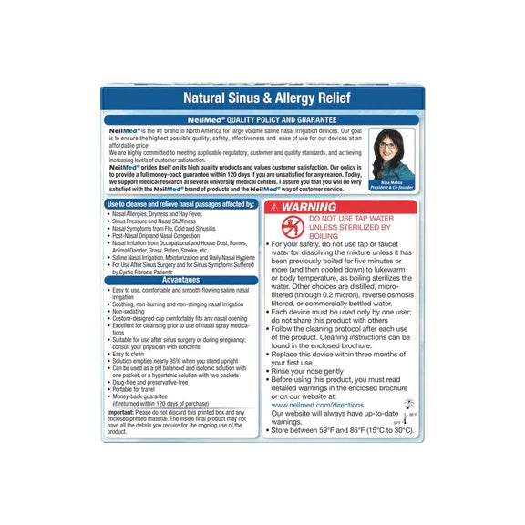 Instructions and contents of the NeilMed Sinus Rinse Kit.