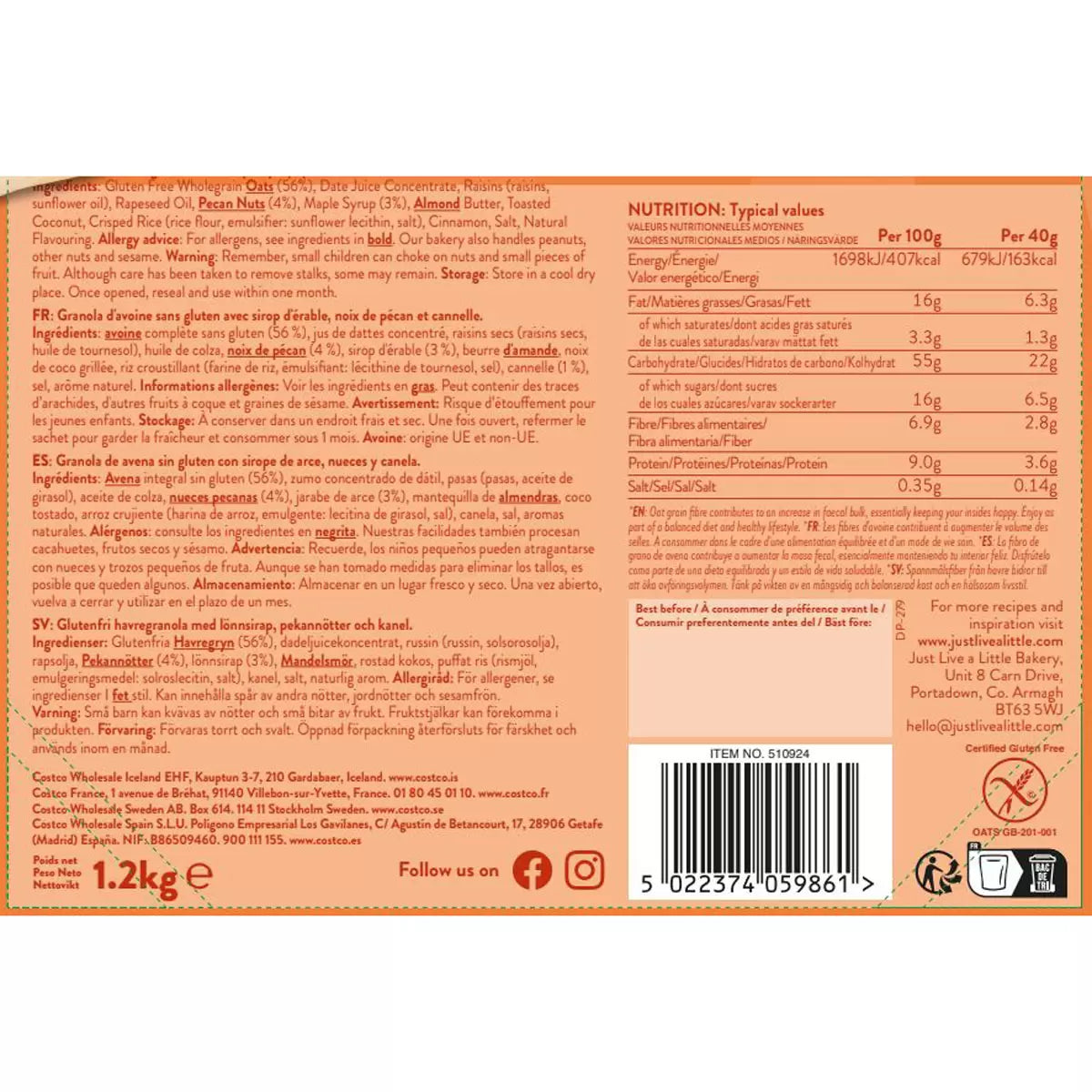 Just Gluten Free Maple & Toasted Pecan Granola 1.2kg bag ingredients and nutrition information & barcode