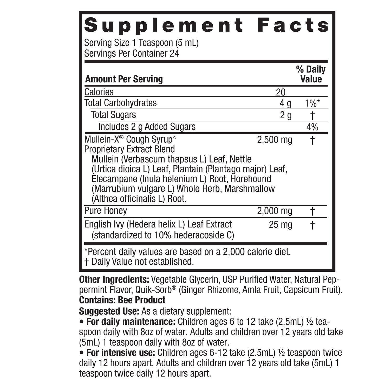 Nature’s Answer Mullein-X Herbal Liquid Supplement 120ml ingredient label