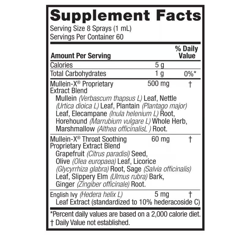 Nature’s Answer Mullein-X Throat Spray 60ml supplement labelon a white background