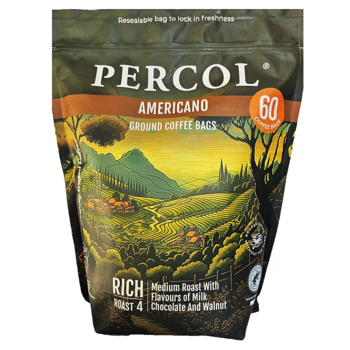Percol Americano medium roast coffee bags pack 60 x 8g