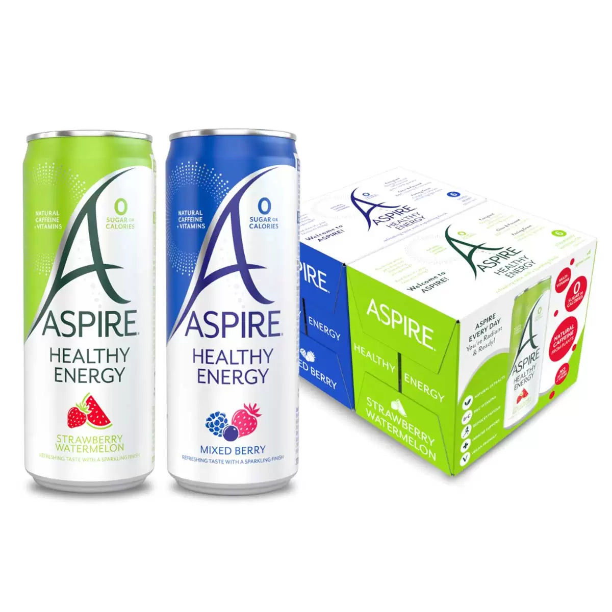 Aspire Healthy Energy Strawberry Watermelon and Mixed Berry 12 x 330ml can variety pack