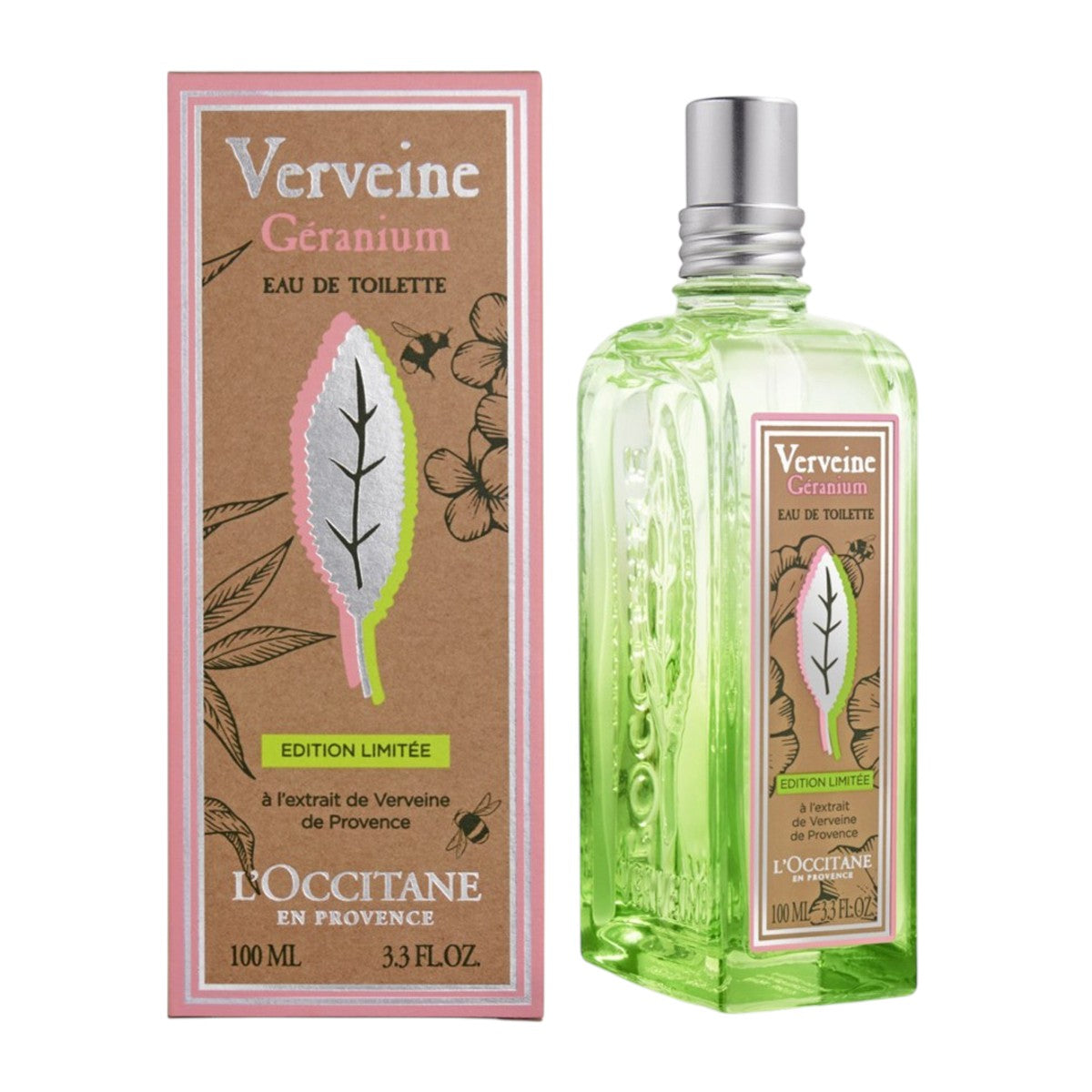 L'Occitane Verveine Geranium Eau de Toilette 100ml fragrance bottle front packaging & box