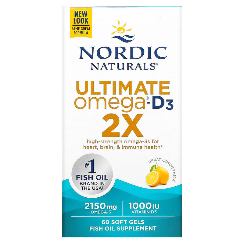 Nordic Naturals Ultimate Omega 2X with Vitamin D3 lemon flavor 60 soft gel box.