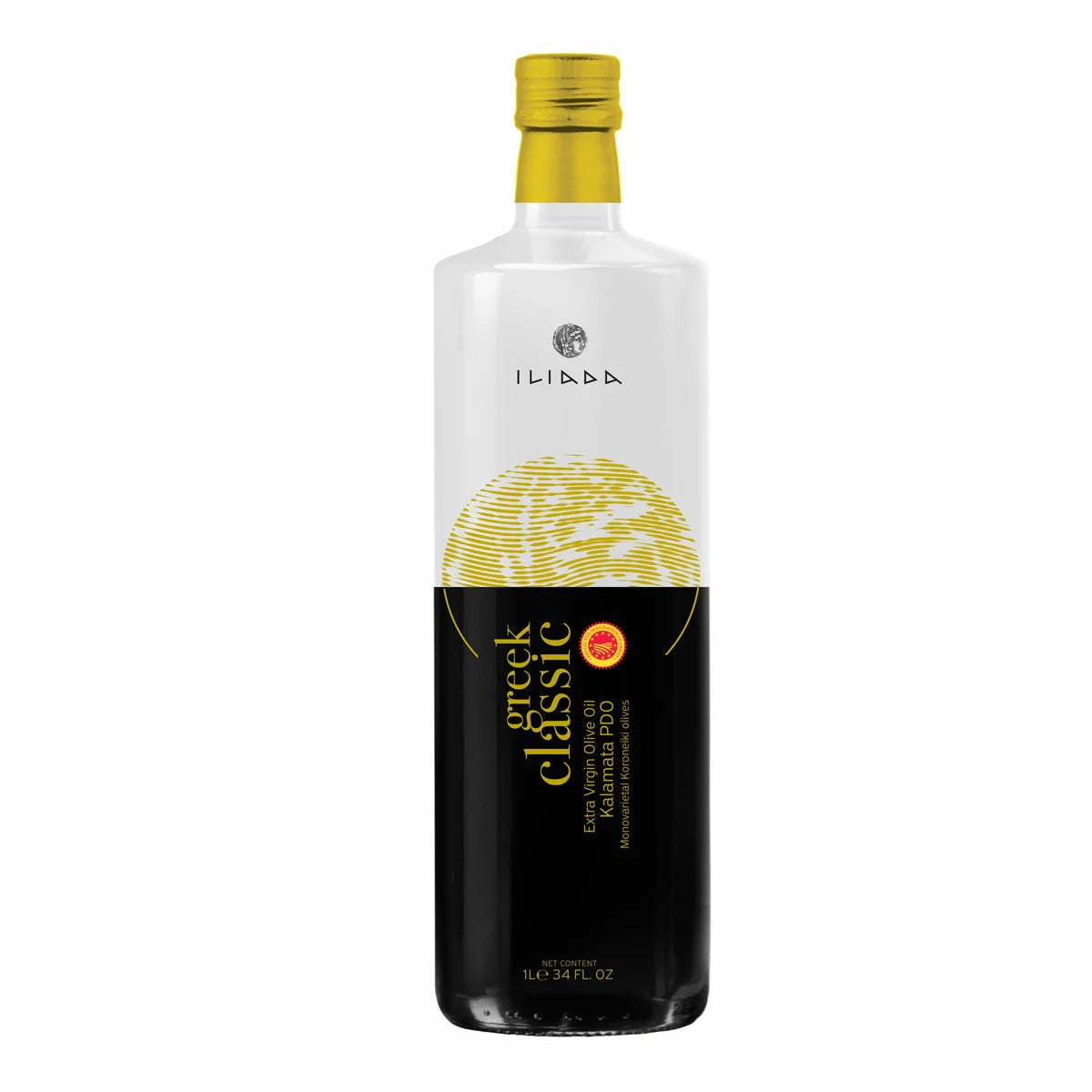 Front image: Iliada Greek Kalamata PDO extra virgin olive oil bottle 1L