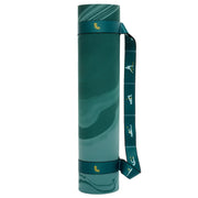 Lolë Dark Teal Marble Yoga Mat rolled up with strap attached.