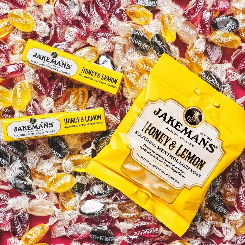 Jakemans Honey & Lemon Soothing Menthol Lozenges, bag packaging, honey and lemon flavour, 73g, menthol sweet use