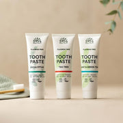 Urtekram Fluoride Free Mint & Green Tea Toothpaste, toothpaste tube packaging, mint and green tea flavour, 75ml, daily oral care use & other variants