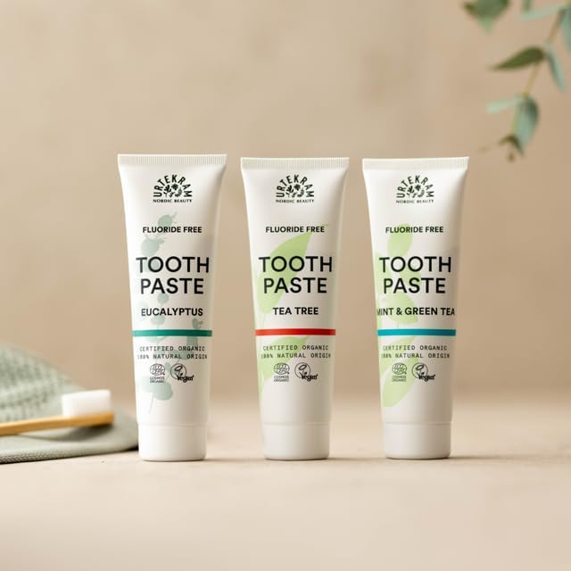 Urtekram Fluoride Free Tea Tree Toothpaste, toothpaste tube packaging, tea tree flavour, 75ml, daily oral care use & other variants