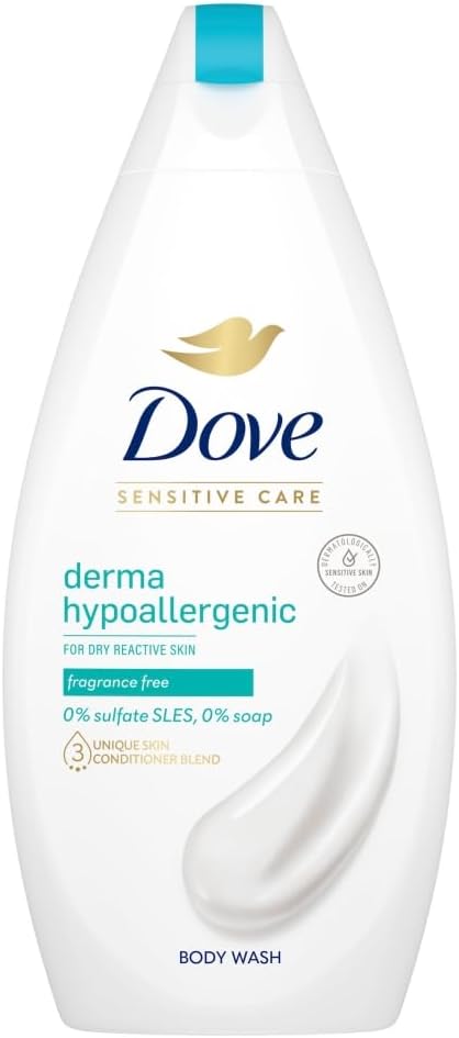 Dove Derma Hypoallergenic Body Wash bottle, fragrance free, 450ml.