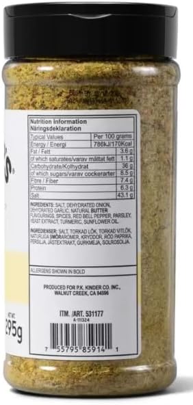 Supplement facts & ingredients image: Kinder's Buttery Steakhouse Seasoning ingredient information & barcode packaging 295g
