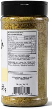 Supplement facts & ingredients image: Kinder's Buttery Steakhouse Seasoning ingredient information & barcode packaging 295g