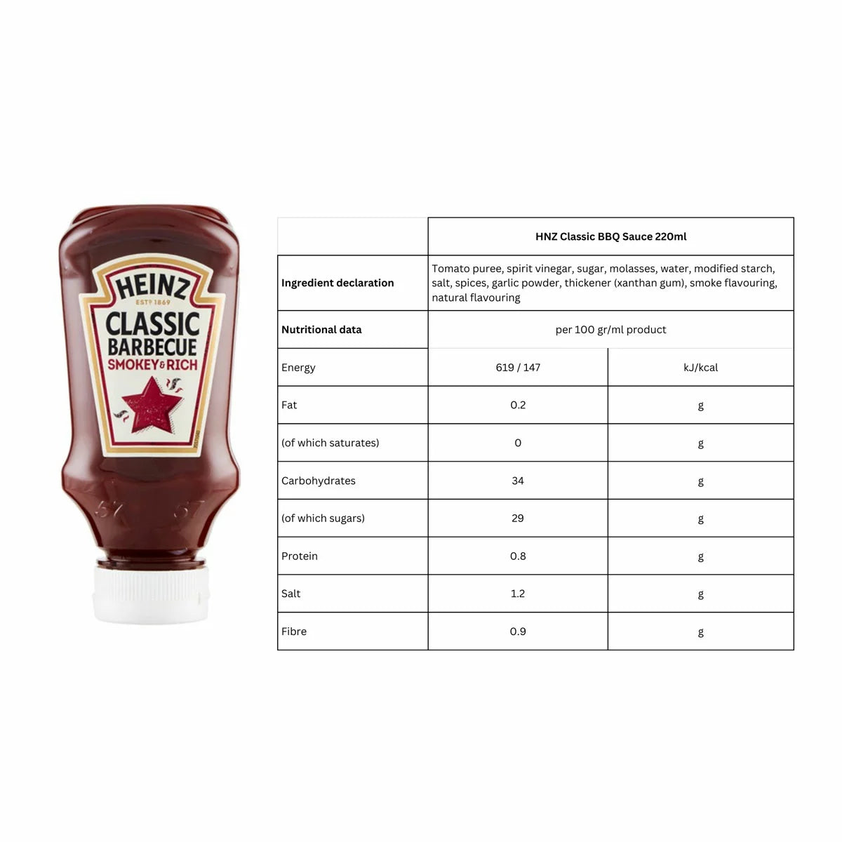Heinz Classic Barbecue Smokey & Rich BBQ Sauce 220ml squeeze bottle displayed with ingredient declaration and nutritional information for 1 x 220ml barbecue sauce condiment bottle.