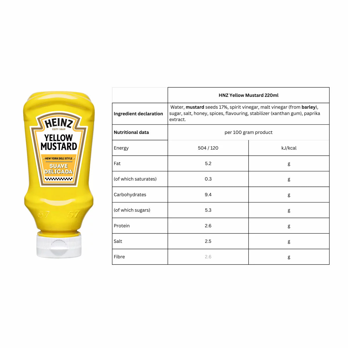 Heinz Yellow Mustard 220ml squeeze bottle presented with ingredient declaration and nutrition facts panel for 1 x 220ml yellow mustard condiment bottle.
