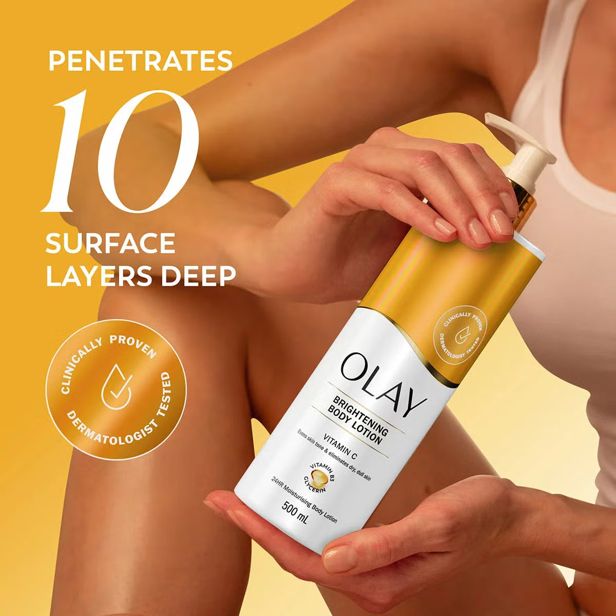 Olay Vitamin C Brightening Body Lotion fragranced lotion 500ml bottle lifestyle use image