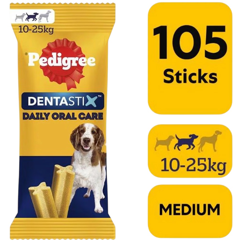 Pedigree Dentastix Medium Dogs 105 Sticks packaging showing product features and feeding information