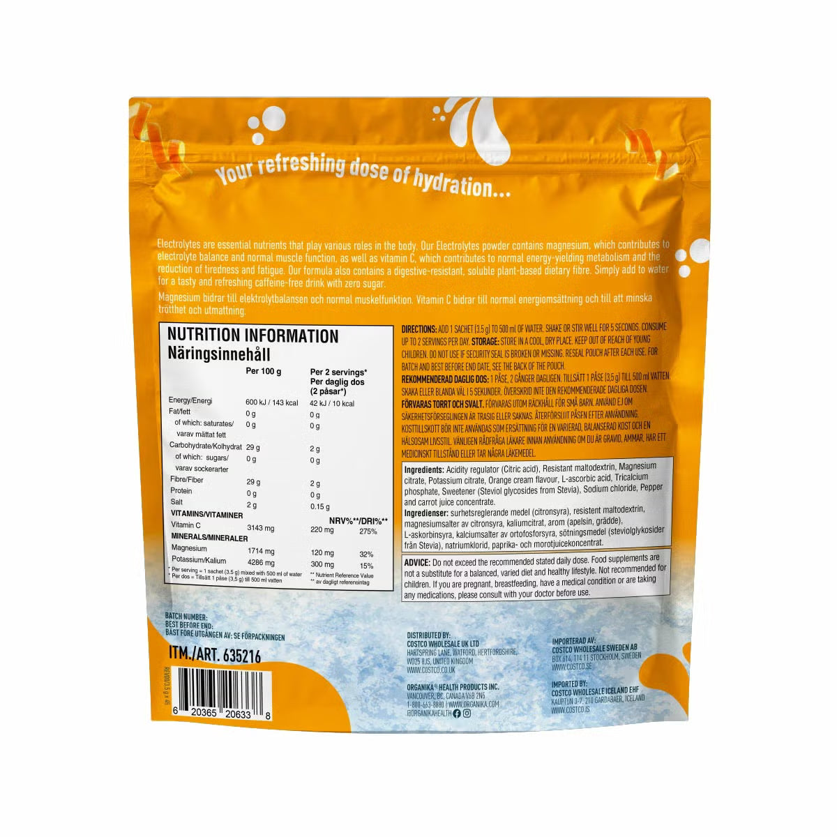 Organika Electrolytes Orange Cream 45 sachets 158g pouch ingredients and nutrition information & barcode