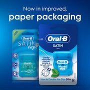 Oral-B Satin Tape Waxed Mint Dental Floss 2 x 50m new packaging showing both floss dispensers