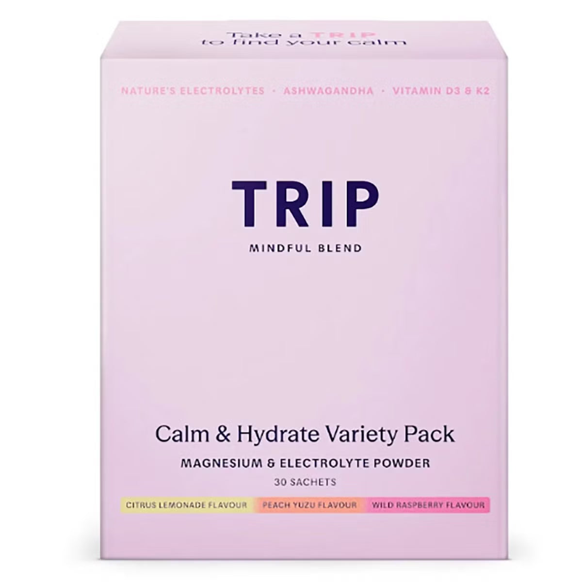 TRIP Calm & Hydrate Magnesium Electrolyte Powder 30 sachets variety pack box