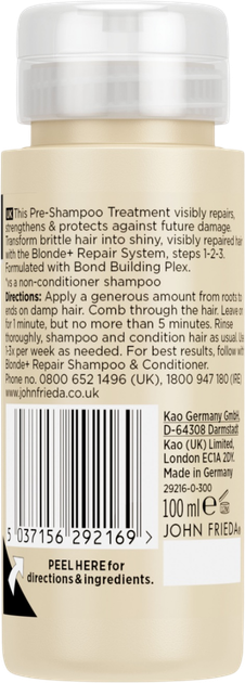 John Frieda Blonde+ Repair System Pre-Shampoo Treatment, tube packaging, fragrance not specified, 100ml, barcode