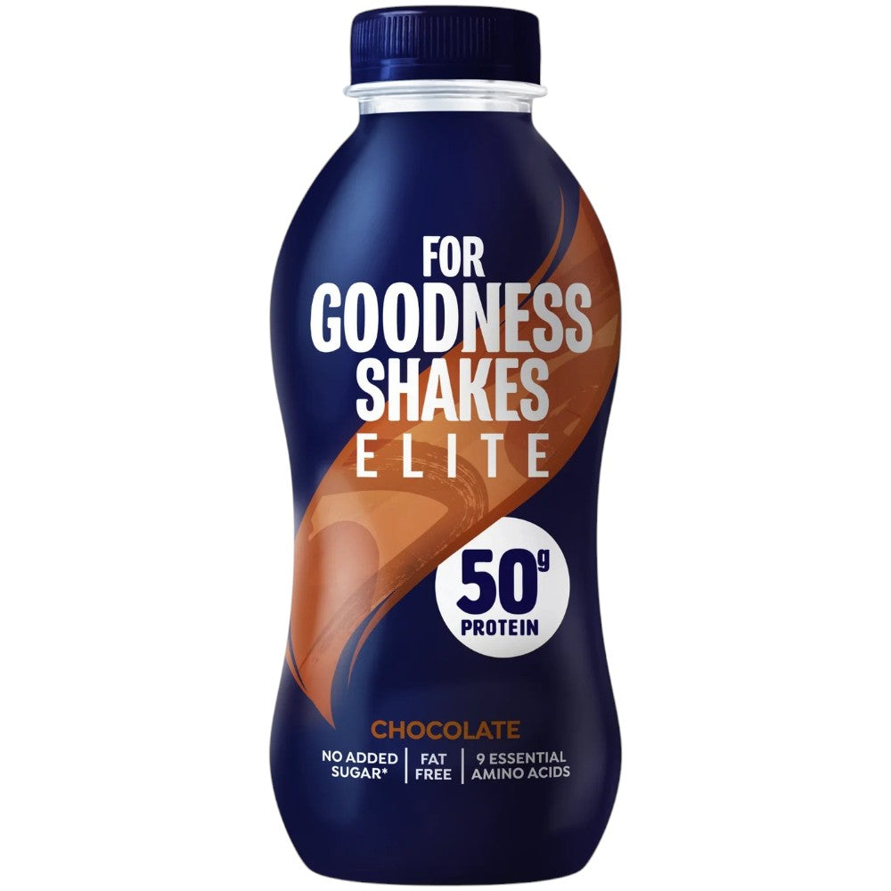 For Goodness Shakes Elite Chocolate Protein Shake 471ml bottle front packaging