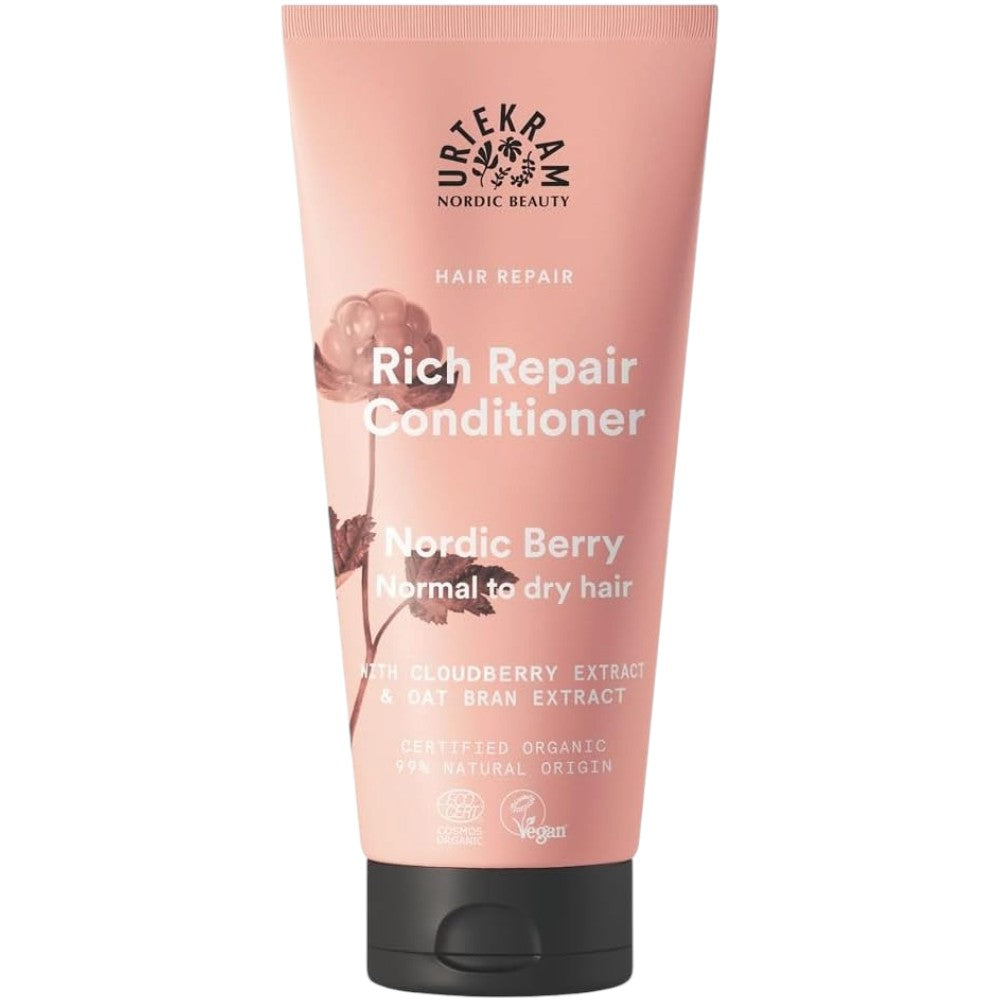 Urtekram Nordic Berry Rich Repair Conditioner, conditioner bottle packaging, fruity berry fragrance, 180ml