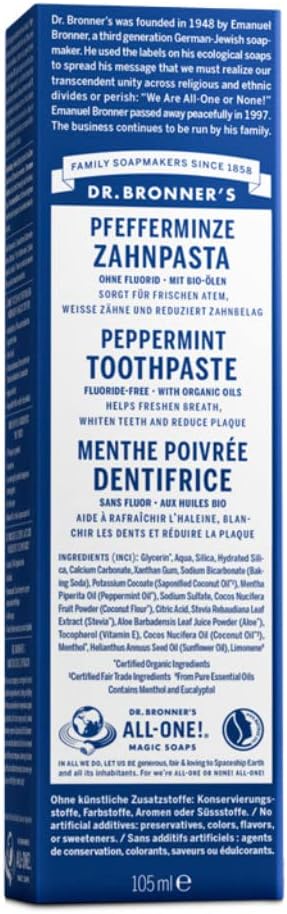 Dr. Bronner's Peppermint Fluoride Free Toothpaste 105ml box
