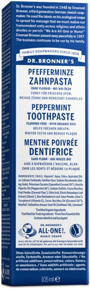 Dr. Bronner's Peppermint Fluoride Free Toothpaste 105ml box
