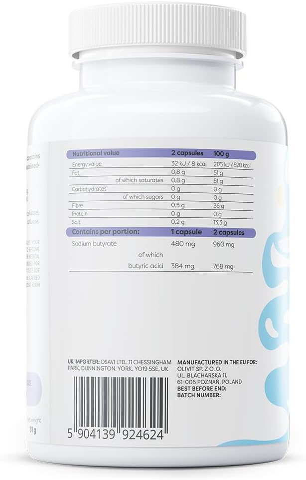 Osavi Sodium Butyrate SR 960mg vegan capsules bottle barcode packaging 120 capsules