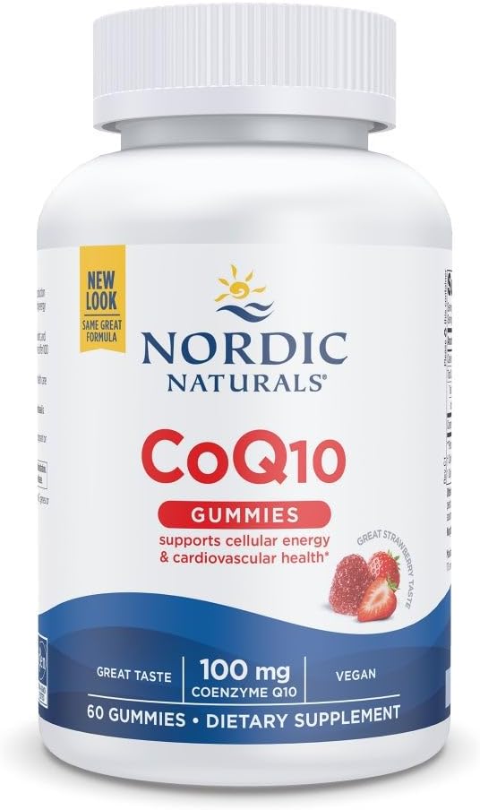 Nordic Naturals CoQ10 Strawberry Gummies 100 mg bottle for adults.