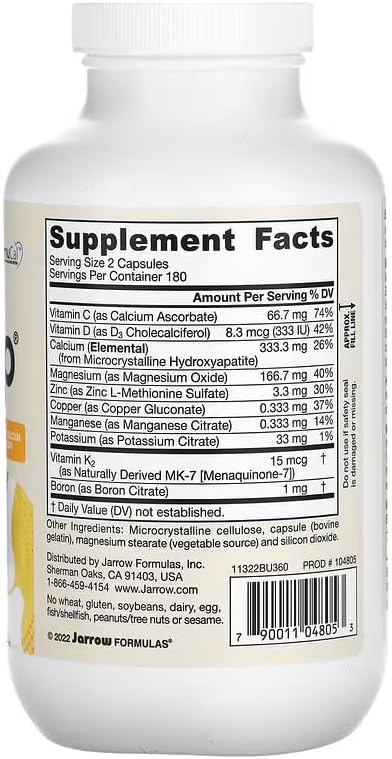 Supplement Facts Image: Jarrow Formulas BoneUp calcium 1000mg D3 K2 capsules supplement facts, ingredients and barcode 360 count