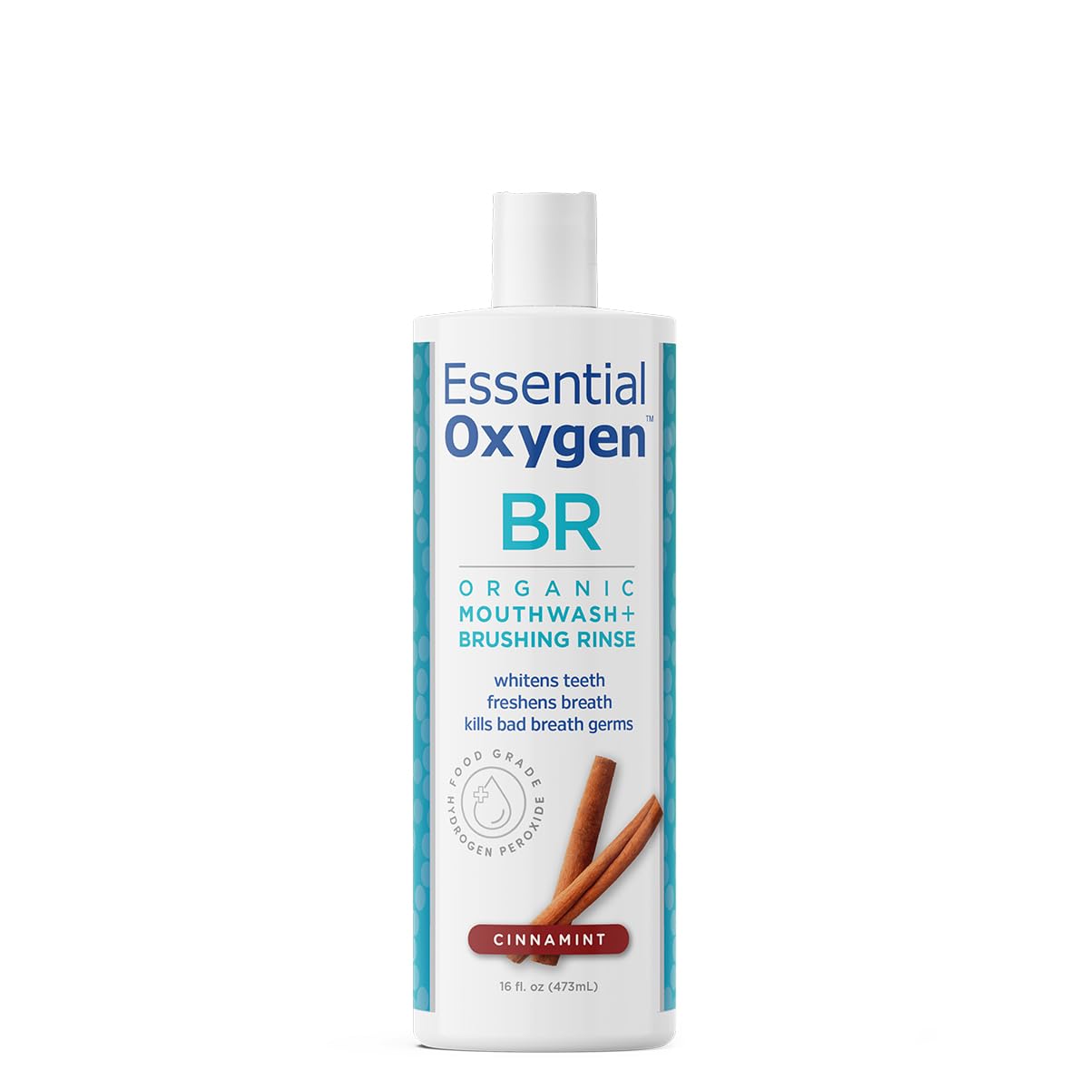 Essential Oxygen Organic Brushing Rinse bottle, 473ml Cinnamon Mint flavour.