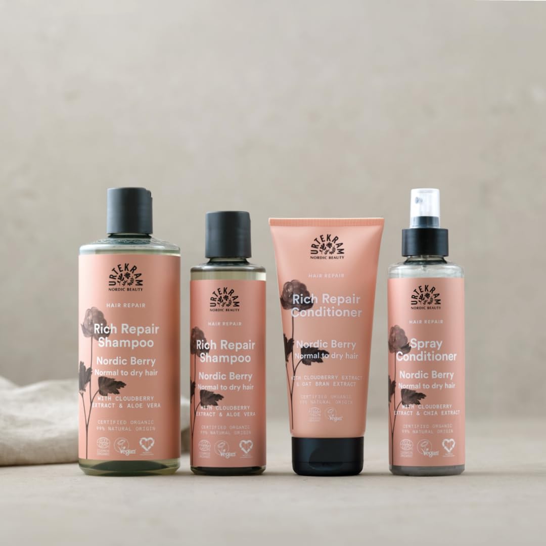 Urtekram Nordic Berry Rich Repair Conditioner, conditioner bottle packaging, fruity berry fragrance, 180ml, haircare use variants